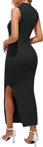 Miniatura 2 de MEROKEETY Vestido de punto sin mangas con cuello alto falso para mujer 2024, vestido de punto acanalado bodycon con abertura