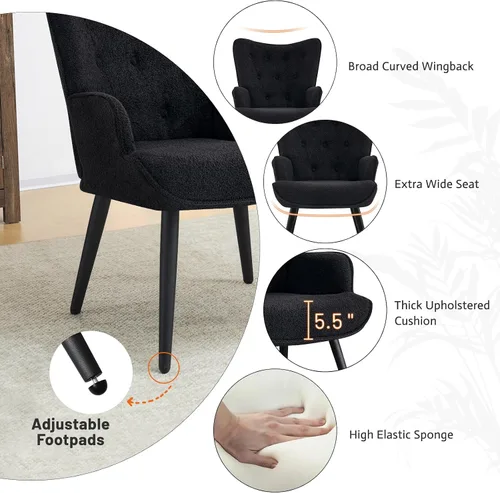 Miniatura 5 de Furniliving Boucle - Silla decorativa para sala de estar, silla de lectura tapizada con respaldo alto, sillón con respaldo alado con botones Negro-2