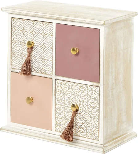 Miniatura 2 de Deco 79 Joyero floral de madera de 4 cajones con pomos de borlas, 9 x 4 x 9 pulgadas, marrón