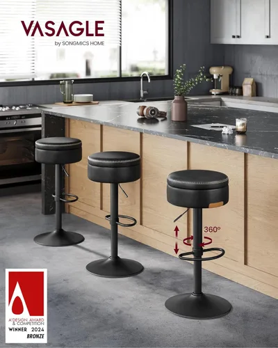 Miniatura 4 de VASAGLE Colección EKHO Taburete de bar giratorio de 360°, taburete de bar ajustable en altura con almacenamiento, cuero sintético con costuras