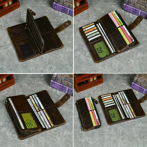 Miniatura 86 de Genuino Caballo Loco Cuero Regalo de Viaje Moneda Bolsillo Tarjetero Organizador Largo Cadena Rfid Cartera Monedero Con Broche Para Hombres Hombres