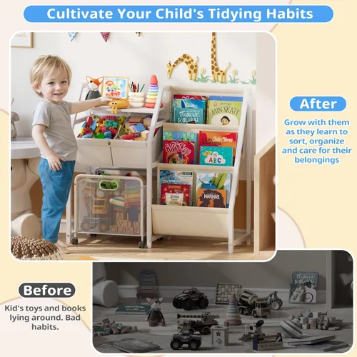 Miniatura 5 de Estantería para niños y organizador de almacenamiento de juguetes, estante de 3 niveles para habitaciones de niños con cajón móvil, estantería