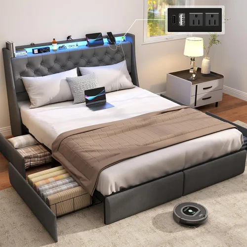 Miniatura 19 de SADENICEL Base de cama de tamaño completo con cabecera de almacenamiento y 4 cajones, plataforma de base de cama de metal completo con luz LED