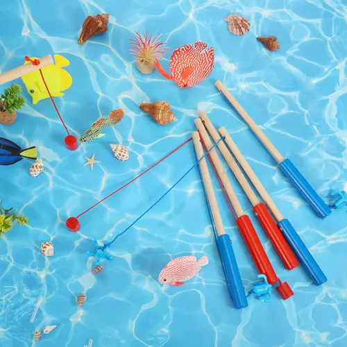 Miniatura 6 de Sumind 6 cañas de pescar magnéticas de madera para niños con ganchos magnéticos, juguete de verano, playa, piscina, actividad, regalos para jardín