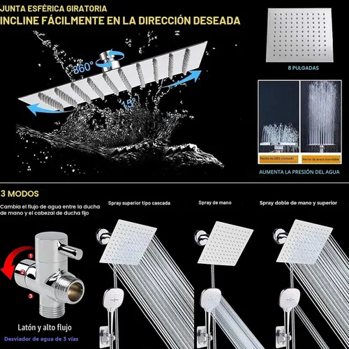 Miniatura 4 de Cabezal de ducha con manguera, cabezal de ducha de lluvia de acero inoxidable de alta presión de 8 pulgadas y 3 ajustes de rociador de ducha de mano