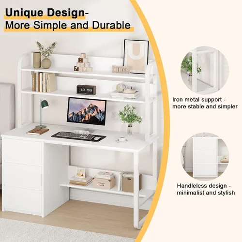 Miniatura 7 de MaverickFurni Escritorio blanco con gabinete, escritorio de computadora de 55 pulgadas con 3 cajones para dormitorio, escritorio de estudio