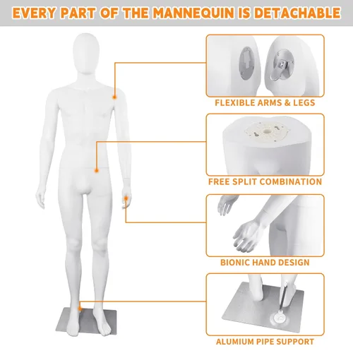 Miniatura 3 de Maniquí masculino de cuerpo completo, forma para vestir, maniquí sin cara, 73 pulgadas ajustables, modelo de vestido de cuerpo completo, maniquíes