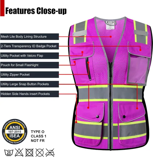 Miniatura 3 de Chaleco de seguridad reflectante para mujer, chaleco de malla de alta visibilidad con 8 bolsillos y cremallera frontal, chaleco de alta visibilidad