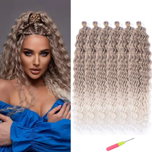 Miniatura 36 de MAYSA Extensiones de cabello sintético de ganchillo con ondas oceánicas, color 4 marrón, 22 pulgadas, rizado trenzado, extensiones de cabello