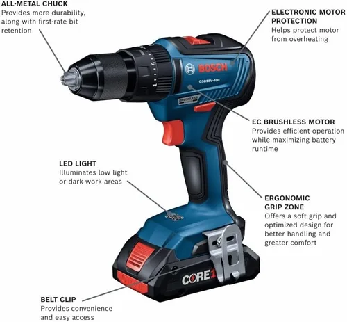 Miniatura 2 de Bosch GSB18V-490B12 18V EC Kit de taladro/destornillador de martillo sin escobillas de 1/2 pulgada con (1) batería de alimentación estándar de 2 Ah