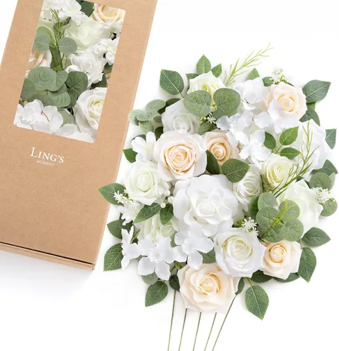 Miniatura 13 de Ling's moment Caja de Flores Falsas, Tallos de Vegetación Artificial Falsa Rosas de Espuma Dalias de Seda Hojas de Rosa Flor de Tela para Centros
