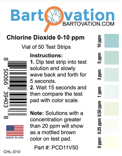 Miniatura 3 de Bartovation Tiras de prueba de dióxido de cloro, rango bajo, 0-10 ppm, paquete de 50 Fabricado en Estados Unidos