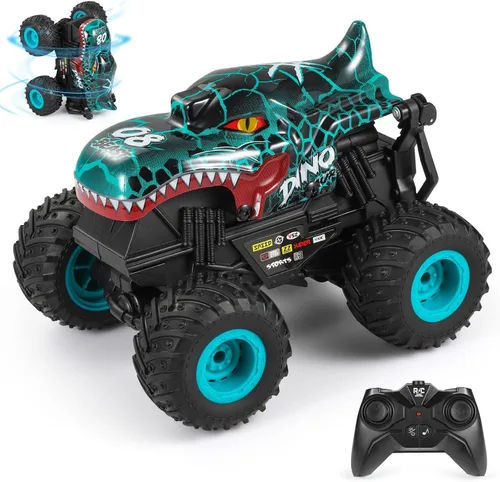 DYODYORC Auto a control remoto, juguete de camión monstruo de dinosaurio todo terreno de 2.4 GHz, camión RC con música, 3 efectos de iluminación,