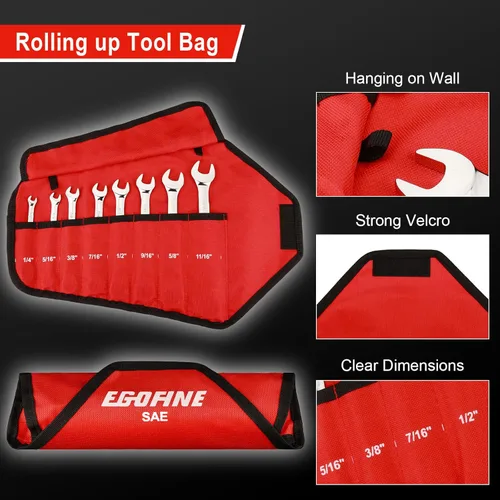 Miniatura 3 de Egofine Juego de llaves de trinquete de 8 piezas, juego de llaves de acero Cr-V SAE desde 1/4" hasta 11/16", llave de trinquete de 72 dientes, llave