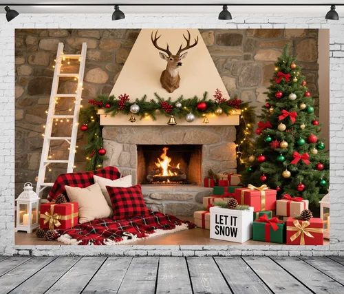 Miniatura 3 de Fondo de chimenea de Navidad de 7 x 5 pies, hogar rústico con guirnalda de fondo para decoración de fiestas temáticas de Navidad, vinilo 5-Consulta