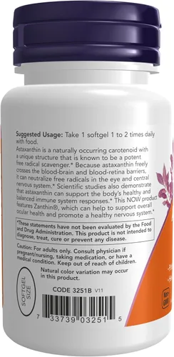Miniatura 3 de NOW Foods Suplementos, Astaxantina 4 mg, presenta Zanthin®, apoya la salud ocular*, 60 cápsulas blandas vegetales