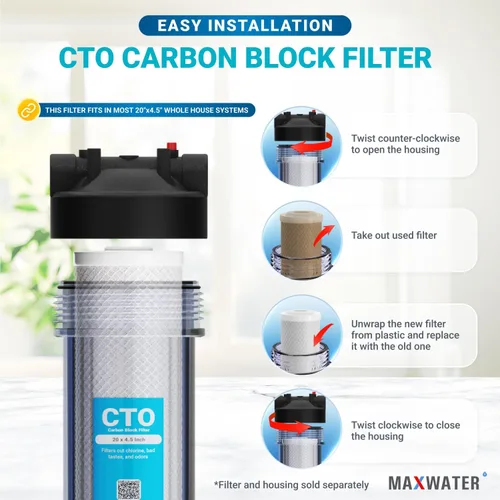 Miniatura 5 de Max Water Cartucho de filtro de bloque de carbono CTO de 20 x 4.5 micrones, reemplazo de filtro de agua para toda la casa compatible con FC25B