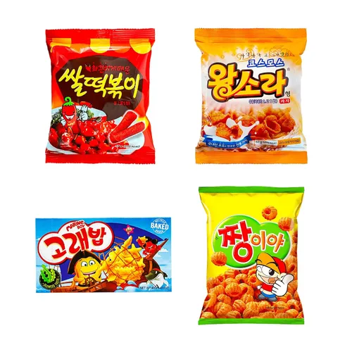 Korean 4 Snacks | Arroz picante Tteokbokki, Jjangiya, Snack en forma de concha, golosinas para niños marinos, estudiantes universitarios, adultos y