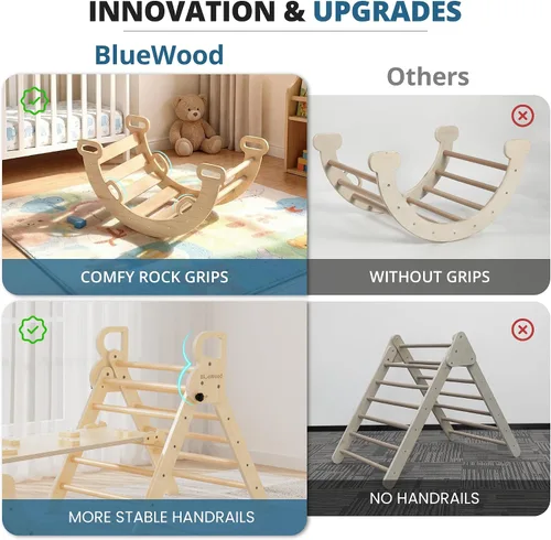 Miniatura 5 de BlueWood Pikler - Juego de triángulos de madera para niños pequeños, escalador 7 en 1, juguetes plegables para escalar, gimnasio Montessori