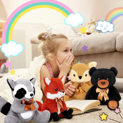 Miniatura 5 de Zomiboo Juego de 4 piezas de animales de peluche del bosque, de la selva, incluye peluche de alce, zorro, mapache, oso, realista, negro, animales