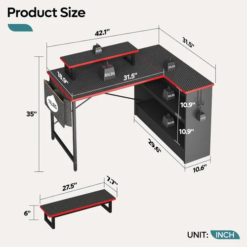 Miniatura 3 de Bestier Escritorio para juegos en forma de L con estantes de almacenamiento, escritorio de esquina reversible de 42 pulgadas con luces LED, mesa