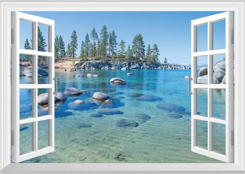 Miniatura 8 de FLFK Adhesivo de pared con ventana falsa - Mural de pared con ventana falsa de atardecer en la playa para decoración de pared, adhesivos de pared