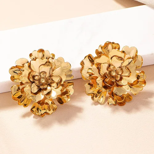 Miniatura 7 de Aretes de flor dorada para mujer, diseño floral bohemio en capas, aretes de flor grande