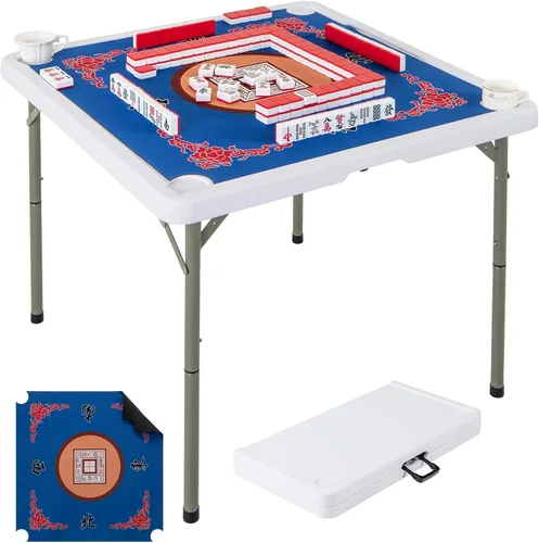 Goplus Mesa de Mahjong, mesa plegable cuadrada de 35" con 4 portavasos, alfombrilla antideslizante, superficie de HDPE, patas de metal, mesa