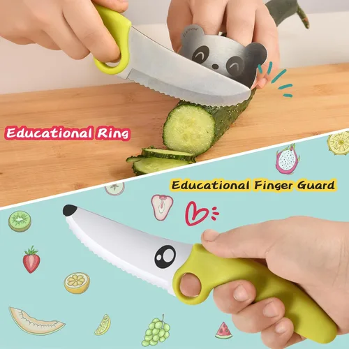 Miniatura 2 de Juego de cuchillos para niños para cocina real con anillo educativo, delantal ajustable y sombrero de chef, cuchillo de entrenamiento para niños
