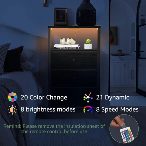 Miniatura 23 de BOLUO Mesita de noche blanca con estación de carga, mesa de noche LED con 2 cajones de tela, mesa auxiliar con puertos USB y tomas de corriente