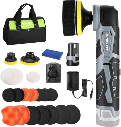 Miniatura 9 de WORKPRO Pulidora Inalámbrica de 12V, Kit de Máquina Pulidora y Lijadora Mini para Detalles de Auto de 3", con 2 Baterías de Iones de Litio, Gatillo