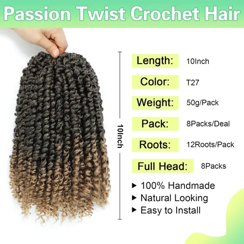 Miniatura 2 de Pelo de ganchillo Passion Twist de 10 pulgadas, 8 paquetes de cabello de ganchillo corto pretrenzado para mujeres negras, cabello rizado de T27.