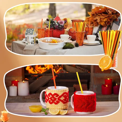 Miniatura 5 de Umigy 150 popotes de plástico desechables para Acción de Gracias, color naranja, amarillo y marrón, envueltos para suministros de fiesta de otoño