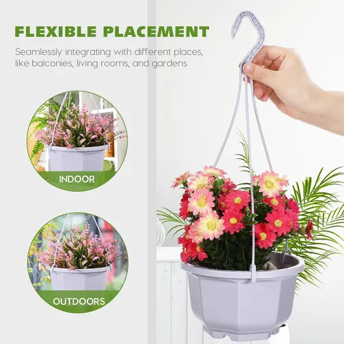 Miniatura 7 de 8-Inch Hanging Planters Octagonal Plastic Flower Pots with Hook, 10pcs Indoor Hanging Plant Baskets for Balcony and Garden, White Gardening