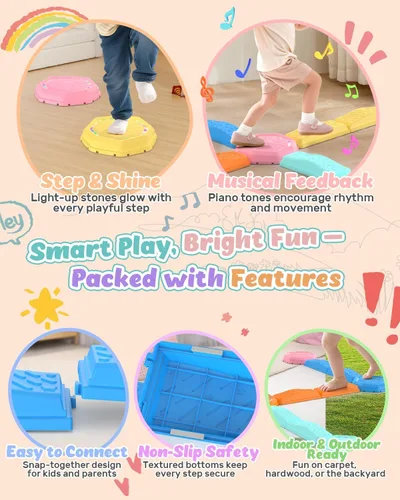 Miniatura 2 de Holyton Tira de Equilibrio con Luces Musicales y Escalones de Paso para Niños de 13 Piezas, Escalones Apilables de Equilibrio de Plástico