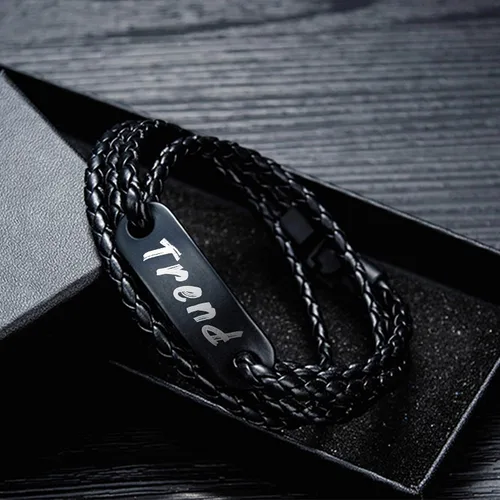 Miniatura 6 de GEAPRIE Pulsera de cuero personalizada con texto personalizado Pulsera de cuero PU para hombres de moda de tres capas, Cuero, Sin gemas.