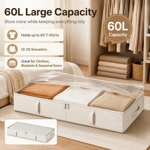Miniatura 2 de Vailando Contenedores de almacenamiento para debajo de la cama, 6 pulgadas de alto y 60 litros debajo de la cama con asas resistentes y paredes