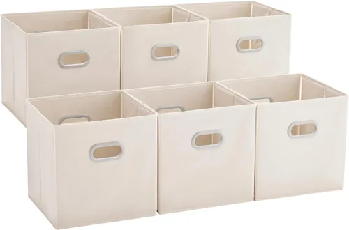 MAX Houser Paquete de 6 contenedores plegables de tela con asas, ideales para organización de armario, dormitorio y guardería (beige, 12 x 12 x 12