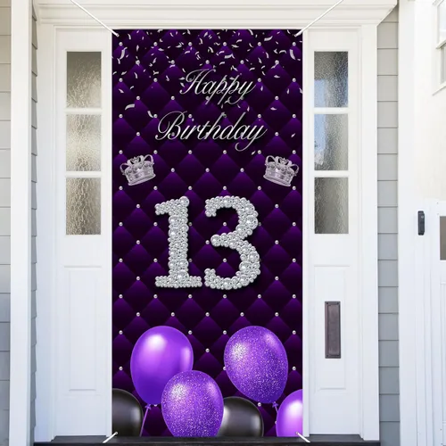 Miniatura 27 de Cartel morado de feliz primer cumpleaños telón de fondo para cabina de fotos, globos de corona plateada, decoración temática para niña, aniversario