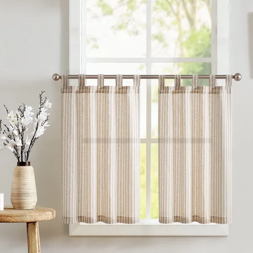 Miniatura 50 de jinchan - Cortinas de lino a rayas para cocina de 20 pulgadas de largo, cortinas de varios niveles, estilo granja moderna de café, tratamientos