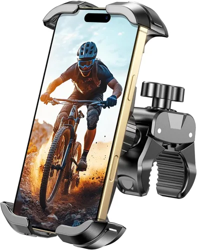Soporte de teléfono para motocicleta, [bloqueo de un clic] soporte para teléfono de bicicleta, [protección acolchada mejorada] Soporte de teléfono