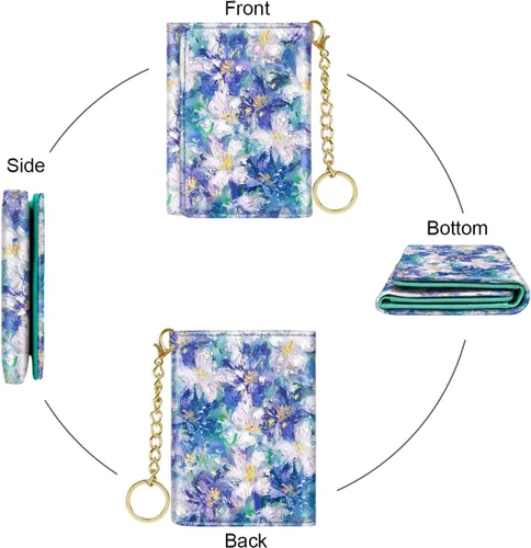 Miniatura 6 de Billetera triple para mujer, pequeña, delgada, con bloqueo RFID, bonito tarjetero de cuero con bolsillo largo para efectivo y llavero, Azul Flores