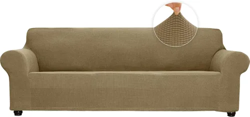Miniatura 25 de Funda elástica suave para sofá de 3 cojines, protector de muebles, transpirable, lavable, tela jacquard, cuadros pequeños con parte inferior Beige