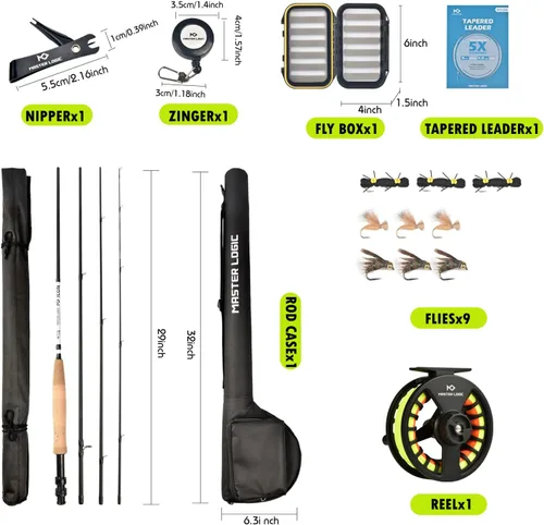Miniatura 6 de Kit de inicio de combo de caña y carrete de pesca con mosca MASTER LOGIC, caña de pesca con mosca de grafito con mango de corcho, carrete