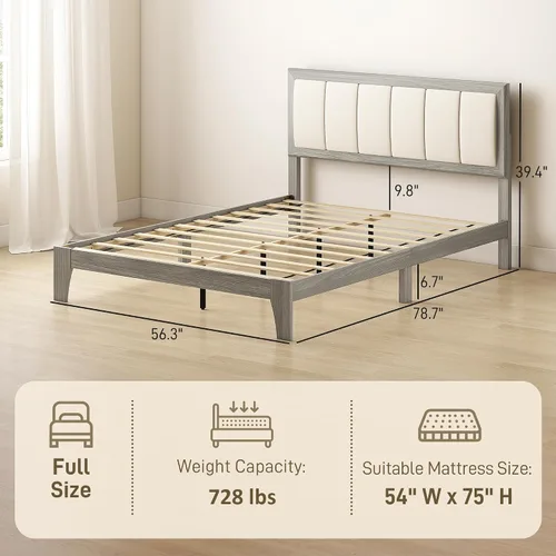 Miniatura 2 de HOMCOM Base de cama de tamaño matrimonial con cabecera tapizada, marco de cama de plataforma con listones de madera, no necesita somier, fácil