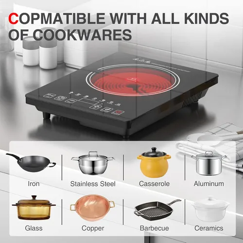 Miniatura 4 de Estufa Eléctrica, Placa de Cocina Eléctrica Portátil de 1800W de Quemador Único con Pantalla Táctil LED, 8 Niveles de Potencia y 8 Niveles de Negro