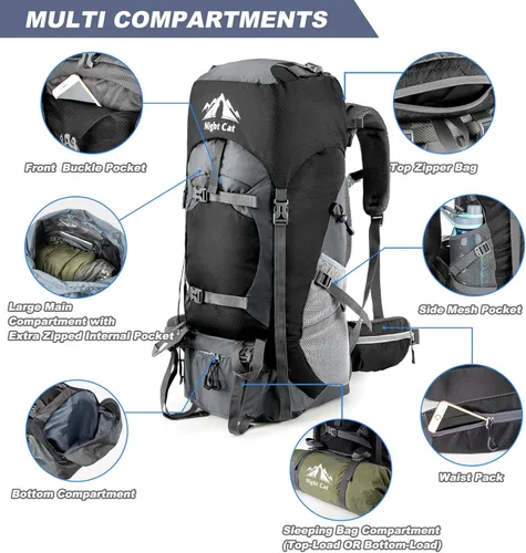 Miniatura 4 de Night Cat Mochilas de Senderismo 70L Mochilas de Camping para Hombres y Mujeres Ligeras al Aire Libre para Montañismo y Viajes, Sin Marco Interno