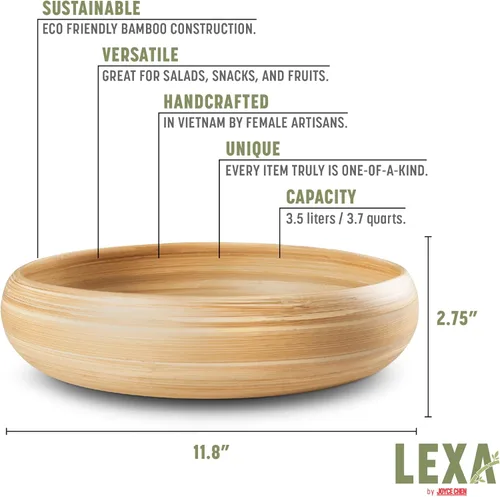 Miniatura 2 de LEXA Frutero de madera de bambú natural hecho a mano de 12 pulgadas para encimera de cocina, cuenco de ensalada de madera de bambú grande ligero