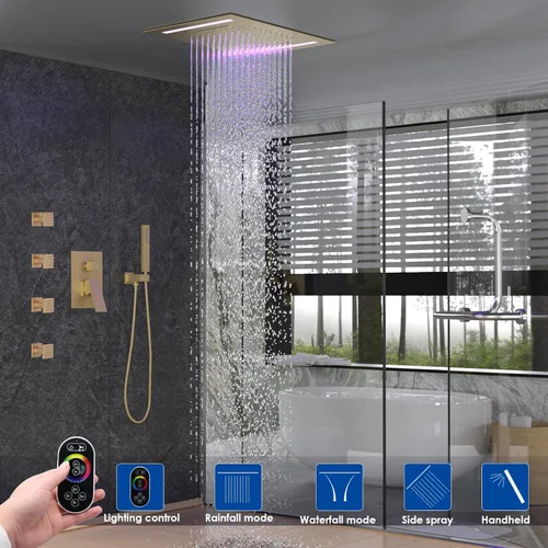 Miniatura 2 de ENGA Sistema de Ducha con Chorros Corporales, Funciones 2 en 1 de Montaje en Techo, Cabezal de Ducha LED de 14x20 pulgadas con 4 Chorros Corporales