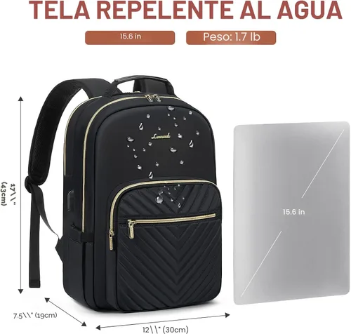Miniatura 5 de LOVEVOOK Mochila para laptop de 15.6 pulgadas para mujer, bonita mochila de viaje para mujer, bolsa profesional para computadora portátil, Negro